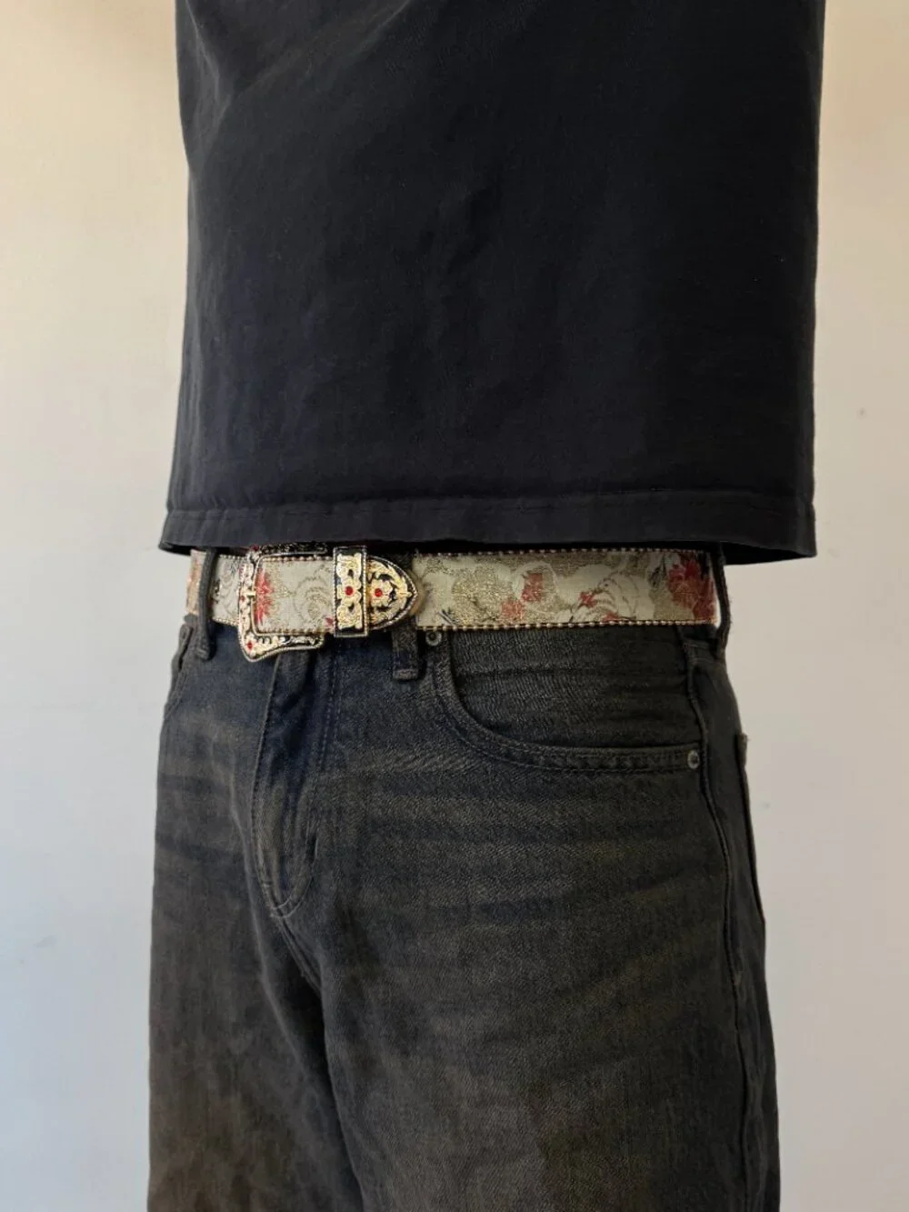 Beige Floral Tapestry Red Stone Western Belt